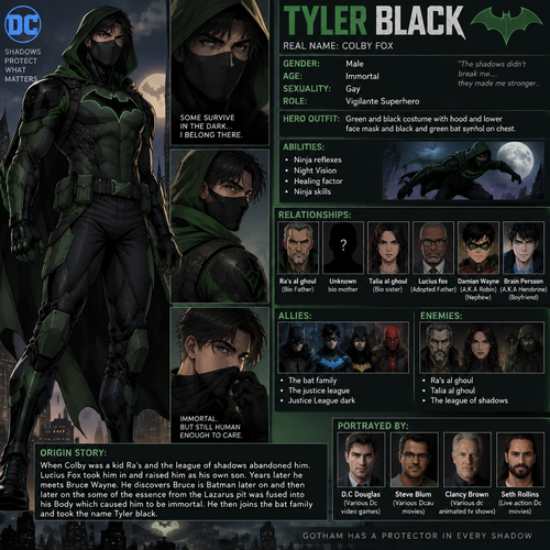 Dc comics oc info card Tyler black

Real name:Colby Fox
Gender:Male
Age:Immortal 
Sexuality:Gay
Role:Vigilante Superhero
Hero outfit:Green and black costume with hood and lower face mask and black and green bat symbol on chest
Abilities:Ninja reflexes,Night Vision,Healing factor,ninja skills
Relationships:Ra’s al ghoul (Bio Father),Unknown bio mother,Talia al ghoul (Bio sister),Lucius fox (Adopted Father), Damien Wayne (A.K.A Robin) (Nephew), Brain Persson (A.K.A Herobrine) (Boyfriend)
Allies:The bat family,the justice league,Justice League dark
Enemies:Ra’s al ghoul,Talia al ghoul,the league of shadows
Origin story:When Colby was a kid Ra’s and the league of shadows abandoned him. Lucius Fox took him in and raised him as his own son. Years later he meets Bruce Wayne. He discovers Bruce is Batman later on and then later on the some of the essence from the Lazarus pit was fused into his Body which caused him to be immortal. He then joins the bat family and took the name Tyler black
Portrayed by:D.C Douglas (Various Dc video games) Steve Blum (Various Dcau movies) Clancy Brown (Various dc animated tv shows) Seth Rollins (Live action Dc movies)