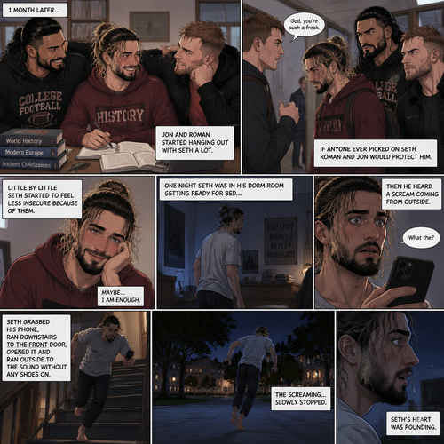 (Recap) Seth Rollins (College student) was at a history class,Then two students came in late,Roman Reigns (College Football Player) and Jon Moxley (bad boy) a.k.a the power couple,Seth thought about approaching them but his insecurity won’t let him,He thought they wouldn’t want be be around someone who was as ugly as him,He focused,Then Roman and Jon sat at two empty desks on each side of Seth,Seth was surprised,They said hello and flirted with him,Seth blushed. (And now part 2). 1 month had passed,Jon and Roman started hanging out with Seth a lot,Little by little Seth started to feel less insecure because of them. If anyone ever picked on Seth Roman and Jon would protect him. One night Seth was in his dorm room getting ready for bed…then he heard a scream coming from outside. “What the?” Seth said. He grabbed his phone,Ran downstairs to the front door,opened it and ran outside to the sound without any shoes on. The screaming….slowly stopped. Seth’s heart was pounding