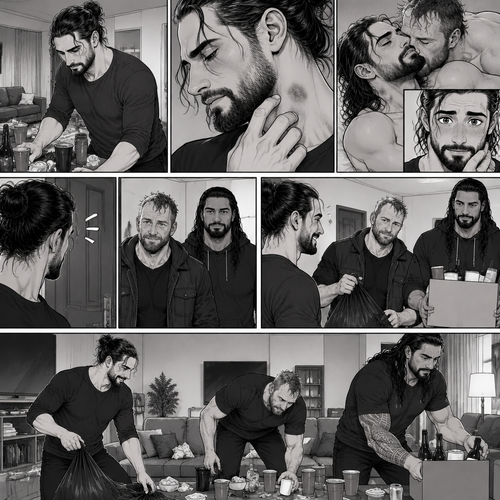 (Part 2) Seth Rollins was cleaning up the mess after last night’s party in his house. His fingers traced on one of the hickeys on his neck. The memory of last night’s party…and Jon Moxley Fresh in his mind. Seth blushed a little,Then there was a knock on the door. Seth walked to the door and answered it,It was Jon and Roman Reigns. They came to help Seth clean up. Seth was thankful for that. They cleaned up the living room