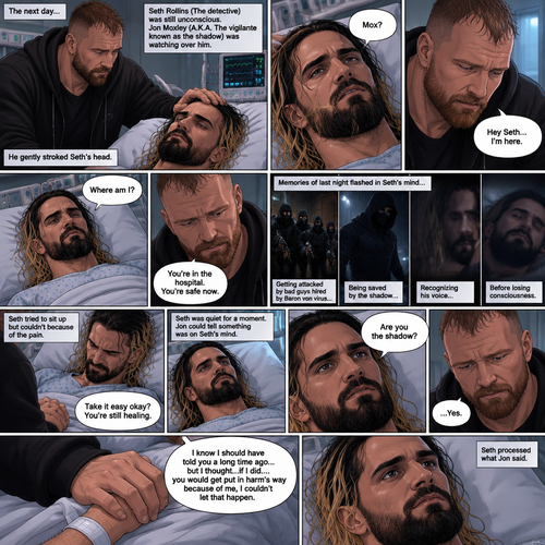 (Part 2 of the Vigilante x detective story). The next day,Seth Rollins (The detective) was still unconscious. Jon Moxley (A.K.A The vigilante known as the shadow) was watching over him. He gently stroked Seth’s head. Then…Seth slowly regained consciousness. He spoke weakly “Mox?”. “Hey Seth…I’m here” Jon said Softly. Seth was silent for a bit before he spoke weakly “Where am I?”. “You’re in the hospital,You’re safe now” Jon said softly. Memories of last night flashed in Seth’s mind,From getting attacked by Bad guys hired By Baron von virus to being saved by the shadow to recognizing his voice before losing consciousness. Seth tried to sit up but couldn’t because of the pain. “Take it easy okay?,You’re still healing” Jon said softly. Seth was quiet for a moment. Jon could tell something was on Seth’s mind. Then…Seth asked Jon the one question that he thought in his mind “Are you the shadow?”. Jon knew this day would come. He didn’t deny it. “…Yes” Jon said softly. Seth was quiet for a moment again. Jon gently took Seth’s hand as he spoke “I know I should have told you a long time ago…but I thought…if I did…you would get put in harm’s way because of me,I couldn’t let that happen”. Seth processed what Jon said