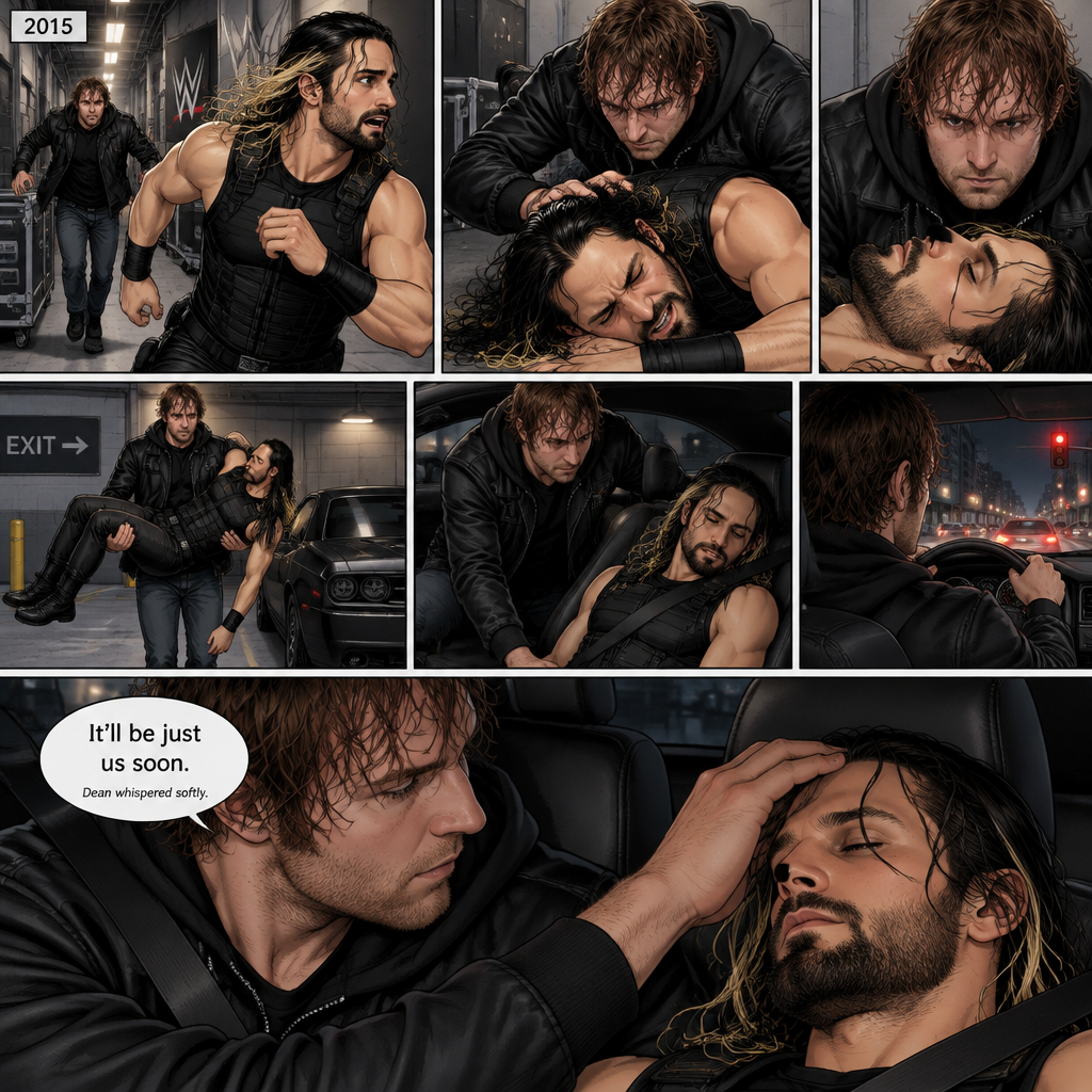 It’s the year 2015,Seth Rollins was being chased backstage by Dean Ambrose. Seth was running to his car,but before he could get there Dean tackled him. Seth struggled. Dean knocked him out. He lifted Seth in his arms and walked to his car. He put Seth in the passenger seat. He gets in his car and drove away. After a while he stopped at a red light. He looked at the unconscious Seth. He gently brushed Seth’s hair off his face. “It’ll be just us soon” Dean Whispered softly