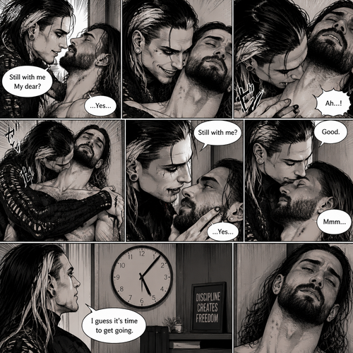 (Part 4 of the Vampire x human story). Still in Jeff Hardy’s office. Jeff was still Kissing Seth Rollins against the wall. After about a minute,Jeff pulled away. Jeff whispered in Seth’s ear “Still with me My dear?” Jeff asked softly. “…Yes…” Seth said softly. Jeff grinned. He leaned forward to Seth’s neck. Seth’s heart was racing. Jeff placed his hand on Seth’s chest to feel his heartbeat again. Seth gasped softly. Jeff gently pierced his fangs into Seth’s neck. Seth yelped softly. Jeff wrapped his arms around Seth. After awhile Jeff removed his fangs from Seth’s neck. Seth was breathing softly. Jeff gently placed his hand on Seth’s cheek. “Still with me?” Jeff asked softly. Seth looked up at Jeff while trying to keep his eyes open. “…Yes…” Seth said softly. Jeff smiled. “Good” Jeff said softly. Jeff gently kissed Seth’s forehead. Seth hummed softly. Jeff looked at the clock on the wall,it was 5:08 pm. “I guess it’s time to get going” Jeff said to himself.