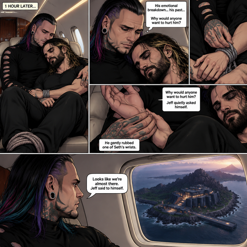 (Part 4). Still on the private plane. 1 hour had passed. The nefarious Jeff Hardy and Seth Rollins (A secret agent) were still asleep after Seth’s emotional breakdown. Seth’s wrists and ankles were still tied up and still in Jeff’s arms. Jeff woke up,He looked down at Seth who was still asleep. He thought back to Seth’s emotional breakdown About his past. Jeff had sadness in his eyes again,He looked at Seth’s wrists…and untied them. He gently rubbed one of Seth’s wrists. “Why would anyone want to hurt him?” Jeff quietly asked himself. Jeff looked out the window,His secret lair was in sight. “Looks like we’re almost there” Jeff said to himself