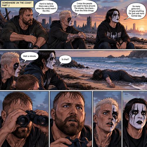 Part 2 of the apocalypse story.Jon Moxley,Darby Allin and Steven Borden (Sting’s son) were on a beach reminiscing about the time before the apocalypse and the people they missed,Then they found an unconscious person washed up on shore and made a realization. “Wait a minute” Said Darby. “Is that?” Asked Steven. Jon slowly lowered his binoculars,His eyes widened in shock.