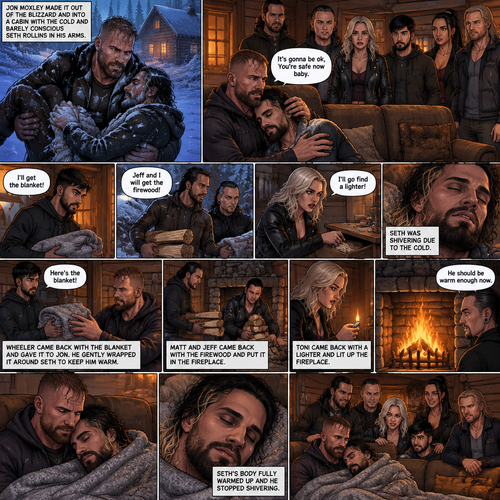 (The monster apocalypse/Moxollins story part 2) Jon Moxley made it out of the blizzard and into a cabin With the Cold and barely conscious Seth Rollins in his arms. His group of survivors (Matt and Jeff Hardy,Toni Storm,Wheeler Yuta,Indi Hartwell and Nic Nemeth) were there too. Jon Sat down on the couch and held Seth. “I’ll get the blanket!” Said wheeler,Then he ran to find a blanket. “Jeff and I will get the firewood” Said Matt,Then Matt and Jeff ran to find firewood. “I’ll go find a lighter” Said Toni,Then she ran to find a lighter. Seth was shivering due to the cold. “It’s gonna be ok,You’re safe now baby” Jon said softly. Wheeler came back with the blanket and gave it to Jon. He gently wrapped it around Seth to keep him warm. Seth’s body warmed up a little. Matt and Jeff came back with the firewood and put it in the fireplace. Toni came back with a lighter and lit up the fireplace. “He should be warm enough now” Said Jeff. Seth’s body fully warmed up and he stopped shivering