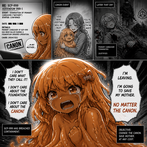 Scp 999 as anime girl after she learns about her mother death as a canon even and she leaves the foundation to save her mother no matter the canon 