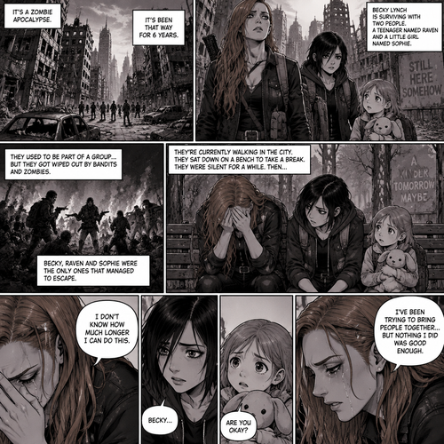 It’s a zombie apocalypse,It’s been that way for 6 years,Becky lynch is surviving with two people,A teenager named Raven and a little girl named Sophie. They used to be part of a group…but they got wiped out by Bandits and Zombies,Becky,Raven and Sophie were the only ones that managed to escape. They’re currently walking in the city. They sat down on a bench to take a break. They were silent for a while. Then…Becky started to cry. Raven and Sophie were concerned. “I don’t know how much longer I can do this” Said Becky. “I’ve been trying to bring people together…but nothing I did was good enough” Becky continued