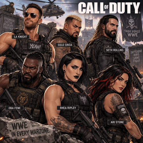 LA Knight,Solo Sikoa,Seth Rollins,Oba Femi,Rhea Ripley and Ari Stone (My Female wrestler oc) in Call of Duty