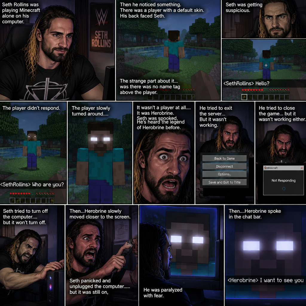 Seth Rollins was playing Minecraft alone on his computer,Then he noticed something. There was a player with a default skin,His back faced Seth. The strange part about it…was there was no name tag above the player. Seth was getting suspicious. He moved his character to the player,Then he typed in the chat bar “Hello?”. The player didn’t respond. Seth typed in the chat bar again “Who are you?”. The player slowly turned around….it wasn’t a player at all….It was Herobrine. Seth was spooked,He’s heard the legend of Herobrine before. He tried to exit the server…But it wasn’t working,He tried to close the game…but it wasn’t working either. Herobrine kept staring at Seth. Seth tried to turn off the computer….but it won’t turn off. Then…Herobrine slowly moved closer to the screen. Seth panicked and unplugged the computer……but it was still on,He was paralyzed with fear. Then….Herobrine spoke in the chat bar “I want to see you”