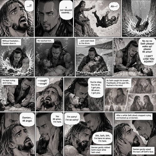 Part 6.Seth Rollins got scared after discovering that the mysterious man (WWE superstar Damien Priest) is a day walker vampire. Seth shoved the man off him…which caused Seth to Stumble and fall off the cliff backwards,Then he hit the water and lost consciousness after. The man was horrified and dived into the water to save Seth,He managed to reach him. He then swam up to the shore with Seth in his arms,He gently put Seth down on the shore. The man panicked,He thought he was gonna lose Seth..again. “No no no Seth please! wake up!please Mi amor! I CAN’T LOSE YOU AGAIN!!!” Said the man. The man then started CPR on Seth hoping he could save him. He kept trying and trying…then…Seth Spat out water and coughed. The man was very relieved,He gently pulled Seth in his embrace while Seth was catching his breath. “You’re okay,You’re ok..I got you,Mi amor..I got you” The man Said softly. As Seth was catching his breath…Flashbacks…of his past life…flashed in his mind. After a while Seth looked up at….The love of his past life..and said his name “Damien…Mi ángel”. Damien was happy that Seth remembered him at long last.,He gently stroked his cheek. “Yes Mi amor..I’m here” Damien said softly. Seth hugged and Damien and cried. “I’m sorry! I’m so sorry!” Seth said through his tears. Damien hugged Seth back and tried to comfort him. “Shh,Seth,Shh,I’m here mi amor,I’m here” Damien said softly. Damien gently rubbed Seth’s back while Seth cried. After a while Seth slowly stopped crying and looked up at Damien. Damien gently wiped the tears off Seth’s face