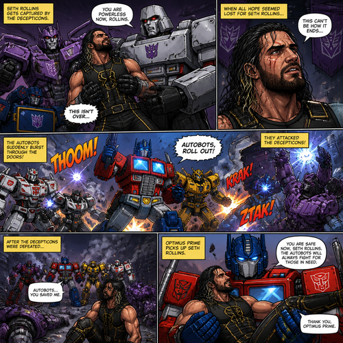WWE superstar Seth Rollins Getting Captured by the Decepticons.When all hope seemed lost For Seth Rollins….The Autobots suddenly go burst through the doors! They attacked the Decepticons.After the Decepticons were defeated Optimus Prime picks up Seth