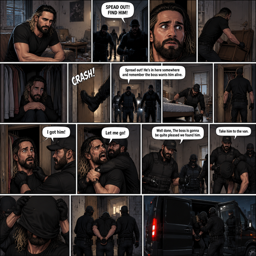 Seth Rollins was living in a run down apartment,Then he heard loud banging from the lobby,Then he heard a man shouting. “SPEAD OUT! FIND HIM!” Said the voice.Seth got spooked,He barricaded the door and hid in his closet.There were sounds of doors being kicked outside,Then the sounds of footsteps approached Seth’s apartment door,The door was kicked open. “Spread out! He’s in here somewhere and remember the boss wants him alive” said a voice. They looked around the apartment.Seth keeps quiet.One of them looked in Seth’s room,He looked under the bed,Then….He walked to the closet.Seth’s heart was beating loudly.The man…opened the door,Spotted Seth and grabbed him before Seth could do anything. “I got him!” Said the man.Seth Struggled.The others walked in the bedroom. “Let me go!” Seth yelled. “Well done,The boss is gonna be quite pleased we found him” Said the man. “Take him to the van”The man commanded. They put a hood over Seth’s head and dragged him to a black van