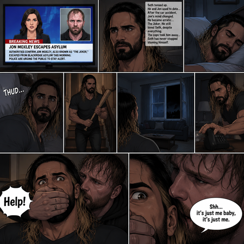 (Recap) Seth Rollins was at his house after a long day,A news report came on tv,The reporter said that Jon Moxley A.KA the Joker had escaped from the asylum that morning,Seth tensed up a bit,he and Jon used to date….then car accident happened witch messed up Jon’s mind,he started behaving erratically becoming the joker,he still loved Seth despite all that,then the cops came and took Jon away,Seth was devastated,he blamed himself ever since,he tried to move on but couldn’t. (And now part 2). Seth was asleep in his bed….then he was woken up by a noise coming from downstairs. He grabbed a bat and walked downstairs,when He got downstairs…he noticed…one of the windows in the living room was open. He got spooked. He ran to his home phone to call the police….but before he picked up the phone….someone grabbed him from behind. “Help!” Seth Yelled. The person covered Seth’s mouth. The person whispered In Seth’s ear “Shh,it’s just me baby,it’s just me”. Seth recognized that voice…it was Jon