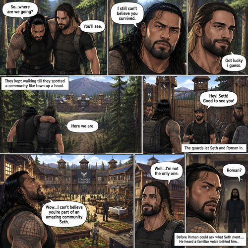 (Part 2 of the Zombie Apocalypse story). Still in the woods,Still far away from the zombies. Roman Reigns was still limping from the sprained ankle and Seth Rollins was helping him walk. It had been 4 hours since they reunited. “So…where are we going?” Roman asked. “You’ll see” said Seth. “I still can’t believe you survived” Said Roman. “Got lucky i guess” said Seth. They kept walking till they spotted a community like town up a head. “Here we are” Said Seth. They walked towards it. One of the guards recognized Seth. The guards let Seth and Roman in. Roman looked at the surroundings,he was amazed. “Wow…I can’t believe you’re part of an amazing community Seth” Said Roman. “Well…I’m not the only one” said Seth. Before Roman could ask what Seth ment….He heard a familiar voice behind him “Roman?”