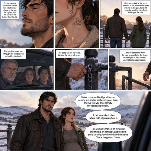 Cormac takes a breath that settles him into the new shape - the one she's given him, the one that fits better than the old. He does not look at the truck. He looks at her, at the mark riding her neck in the afternoon light, and then he walks with her to the gate, hand still closed around hers, the frost holding on the rails. The family's faces turn through the windscreen as he lifts the latch. He does not lift his voice. He lets the latch fall open, and he speaks to them the way he speaks to the fence at first light - flat, certain, and not asking permission.
You've come up this ridge with a car running and a table set twenty years deep, and I've told you once already I'm not leaving tonight. So let me make it plain where both of you can hear it.
This woman's mark is on my collar, and mine is on her neck, and the twin she's carrying have Conleth in their name. That's the ground I'm
Scenarios
Milestones