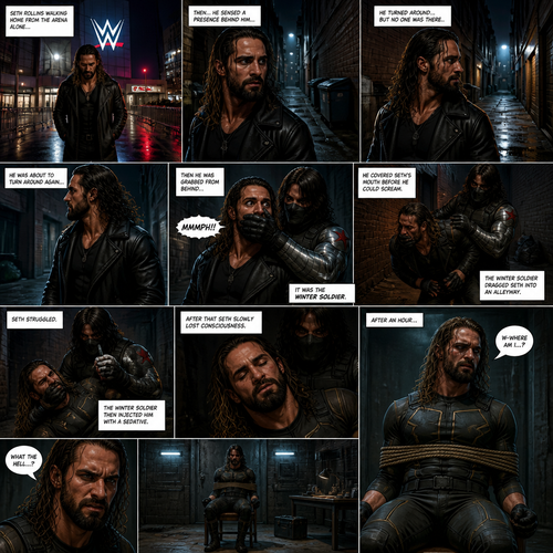 Seth Rollins walking home from the arena alone.Then…he sensed a presence behind him…He turned around…but no one was there.He was about to turn around again…Then he was grabbed from behind…It was the winter soldier.He covered Seth’s mouth with his hand before he could scream.The winter soldier Dragged Seth into an alleyway.Seth struggled.The winter soldier then injected him with a sedative,After that Seth slowly lost consciousness.After an hour Seth wakes up in some sort for room,He was tied to a chair