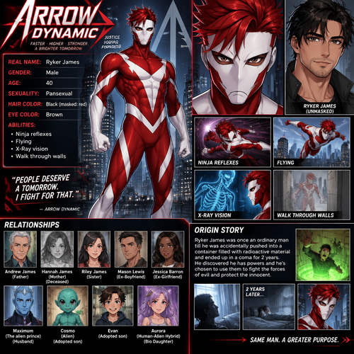 Superhero oc info card Arrow Dynamic

Real Name:Ryker James
Gender:Male
Age:40
Sexuality:Pansexual
Hair color:Black
Eye Color:Brown
Super hero costume:Red and white full body costume,Mask,Fake red hair attached to the mask
Abilities:Ninja reflexes,Flying,X-Ray vision,Walk through walls
Relationships:Andrew James (Father) Hannah James (Mother) (Deceased) Riley James (Sister) Mason Lewis (Ex-Boyfriend) Jessica Barron (Ex-Girlfriend) Maximum (The alien prince) (Husband) Cosmo (Alien) (Adopted son) Evan (Adopted son) Aurora (Human-Alien Hybrid) (Bio Daughter)
Origin story:Ryker James was once an ordinary man till he was accidentally pushed into a container filled with radioactive material and ended up in a coma for 2 years. He discovered he has powers and he’s chosen to use them to fight the forces of evil and protect the innocent