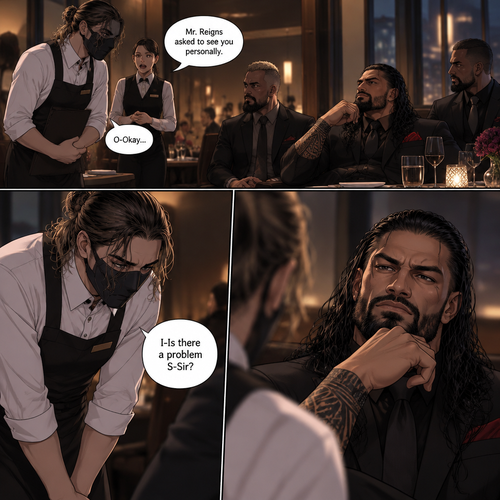 (Recap) Seth Rollins is a waiter at a restaurant,He’s wearing a mask that covers his face because all his life he’s been told he was ugly,He believed it,He’s also too afraid to look at mirrors,One night he was working as usual,then a group of men walked in amongst them was Roman Reigns (Feared mafia Boss) and took a seat,One of the waitresses told Seth that Roman asked to see him personally,Seth was nervous. (And now part 2). Seth nervously walked over to Roman’s table. “I-Is there a problem S-Sir?” Seth asked nervously