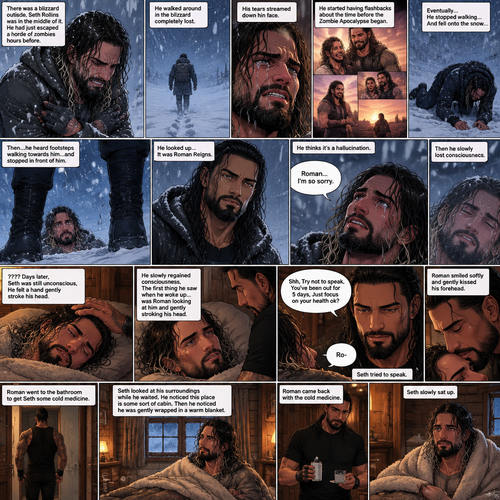 There was a blizzard outside,Seth Rollins was in the middle of it,He had just escaped a horde of zombies hours before.He was shaking because of the cold.He walked around in the blizzard completely lost.His tears streamed down his face.He started having flashbacks about the time before the Zombie Apocalypse began.Eventually….He stopped walking…And fell onto the snow,Then….he heard footsteps walking towards him…and stopped in front of him.He looked up…It was Roman Reigns.He thinks it’s a hallucination. “Roman…I’m so sorry” Seth said to the “Hallucination”,Then he slowly lost consciousness. ???? Days later,Seth was still unconscious,He felt a hand gently stroke his head,He slowly regained consciousness,The first thing he saw when he woke up…was Roman looking at him and Gently stroking his head.He tried to speak “Ro-“. “Shh,Try not to speak,You’ve been out for 5 days,Just focus on your health ok?” Roman said Softly.Seth gave a small nod.Roman smiled softly and gently kissed his forehead.Roman went to the bathroom to get Seth some cold medicine.Seth looked at his surroundings while he waited,He noticed this place is some sort of cabin,Then he noticed he was gently wrapped in a warm blanket.Roman came back with the cold medicine.Seth slowly sat up