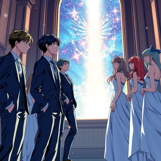 The university students wearing suits and dresses at the school dance decorated with blue color gathered towards the window to see the large pillar of light in a distance 