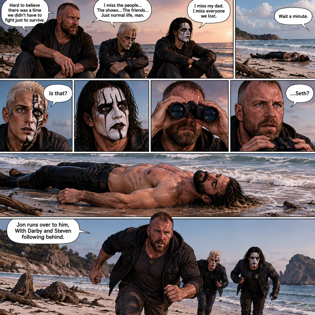 Part 2 of the apocalypse story.Jon Moxley,Darby Allin and Steven Borden (Sting’s son) were on a beach reminiscing about the time before the apocalypse and the people they missed.Then they noticed an unconscious person washed up on shore.Then They made a realization. “Wait a minute” said Darby. “Is that?” Asked Steven. Jon slowly lowered his binoculars,Eyes widened in shock.He couldn’t believe it. “….Seth?” Said Jon. That’s right! It was Seth Rollins!. Jon runs over to him,With Darby and Steven following behind