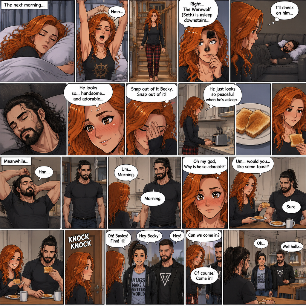 (Part 3 of the werewolf x human story) The next morning,Becky Lynch was asleep in her bed. Then she woke up. She got up and stretched her arms. She walked downstairs…then she remembered that the Werewolf (Seth Rollins) was asleep downstairs. She checked in on him. He was still asleep…and he wasn’t in his werewolf form anymore. She couldn’t help but look at him…and blush. “He looks so…handsome…and adorable” Becky said to herself. Then she shook her head. “Snap out of it Becky,Snap out of it” Becky said to herself. She quietly walked to the kitchen and made herself some toast. She couldn’t help but think about how peaceful he looked when he’s asleep. Meanwhile,The man woke up. He slowly gets up and stretched his arms,Then he walks to the kitchen. Becky notices him. “Um..Morning” Said Becky. The man Smiled softly. “Morning” The man said softly. “Oh my god,Why is he so adorable?!” Becky thought to herself. “Um…would you…like some toast?” Becky asked. “Sure” said the man. Becky makes some toast. They ate. Then there was a knock on the door. Becky opened the door…it’s Bayley..and Finn Bálor. They say hello. Becky says hello back. They asked if they can come in. She lets them in. They walked inside. They noticed the man in her kitchen