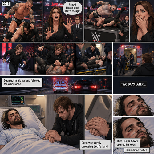 It’s the year 2015,We’re in a hospital. Seth Rollins was lying in a hospital bed unconscious. Dean Ambrose was sitting by his side and holding his hand. (What happened to Seth you ask? Well…let’s rewind to two days ago). Seth was in a match against Randy Orton. It was getting brutal. Randy was beating the heck out of Seth. Stephanie McMahon was begging Randy to stop…but Randy wasn’t stopping. He even went as far as to Rko Seth on the announcers table. Stephanie was horrified. Seth was out cold. Then Dean rushed down the ramp and attacked Randy. He took him down. A medical team came down the ramp and checked Seth’s vitals. They put him in a gurney and wheeled him to the ambulance. Once he was in the ambulance they drove off to the hospital. Dean got in his car and followed the ambulance. (Now back to two days later). Seth was still unconscious. Dean was gently caressing Seth’s hand. Then…Seth slowly opened his eyes,Dean didn’t notice