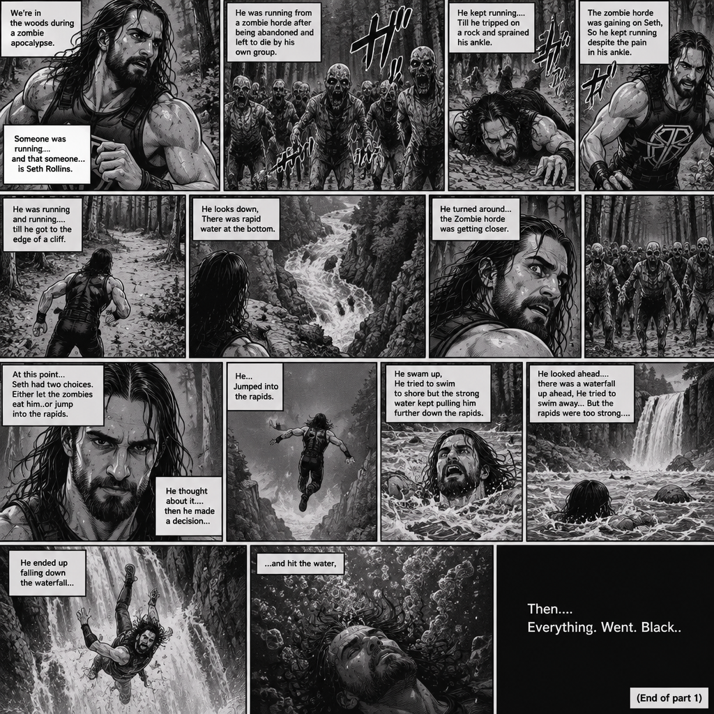 We’re in the woods during a zombie apocalypse,Someone was running…and that someone…is Seth Rollins. He was running from a zombie horde after being abandoned and left to die by his own group. He kept running….Till he tripped on a rock and sprained his ankle. The zombie horde was gaining on Seth,So he kept running despite the pain in his ankle. He was running and running….till he got to the edge of a cliff. He looks down,There was rapid water at the bottom. He turned around…the Zombie horde was getting closer. At this point…Seth had two choices,Either let the zombies eat him..or jump into the rapids. He thought about it….then he made a decision…he…Jumped into the rapids. He swam up,He tried to swim to shore but the strong water kept pulling him further down the rapids. He looked ahead….there was a waterfall up ahead,He tried to swim away…But the rapids were too strong….he ended up falling down the waterfall…and hit the water,Then….Everything. Went. Black. (End of part 1)
