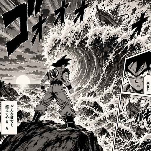 A dragon ball z like figure on a roch on the beach by sunset and a big wave coming in with a boat on.