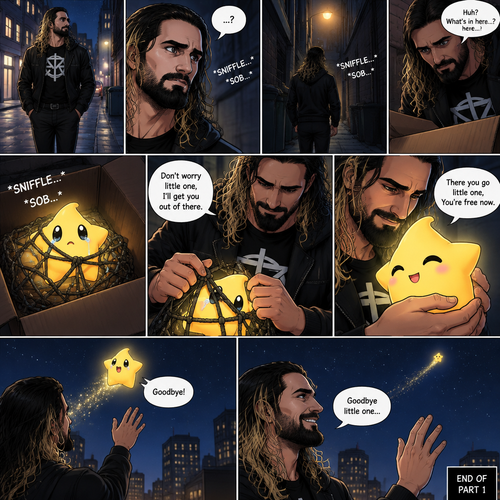 Seth Rollins was having a stroll down the street at night,then…he heard a small crying sound. He followed the sound to an alleyway. At first he didn’t see anything…then he heard the small crying noise coming from a box. He looked inside…he couldn’t believe it…it was a star (Luma). It was tangled up in a net. He got over his shock. “Don’t worry little one,I’ll get you out of there” said Seth. He gently untangled the net off Luma and gently picked  him up. “There you go little one,You’re free now” said Seth. Luma smiled with joy and nuzzled up against Seth. Then Luma waved goodbye and flew back home. Seth waved goodbye as well. (End of part 1)