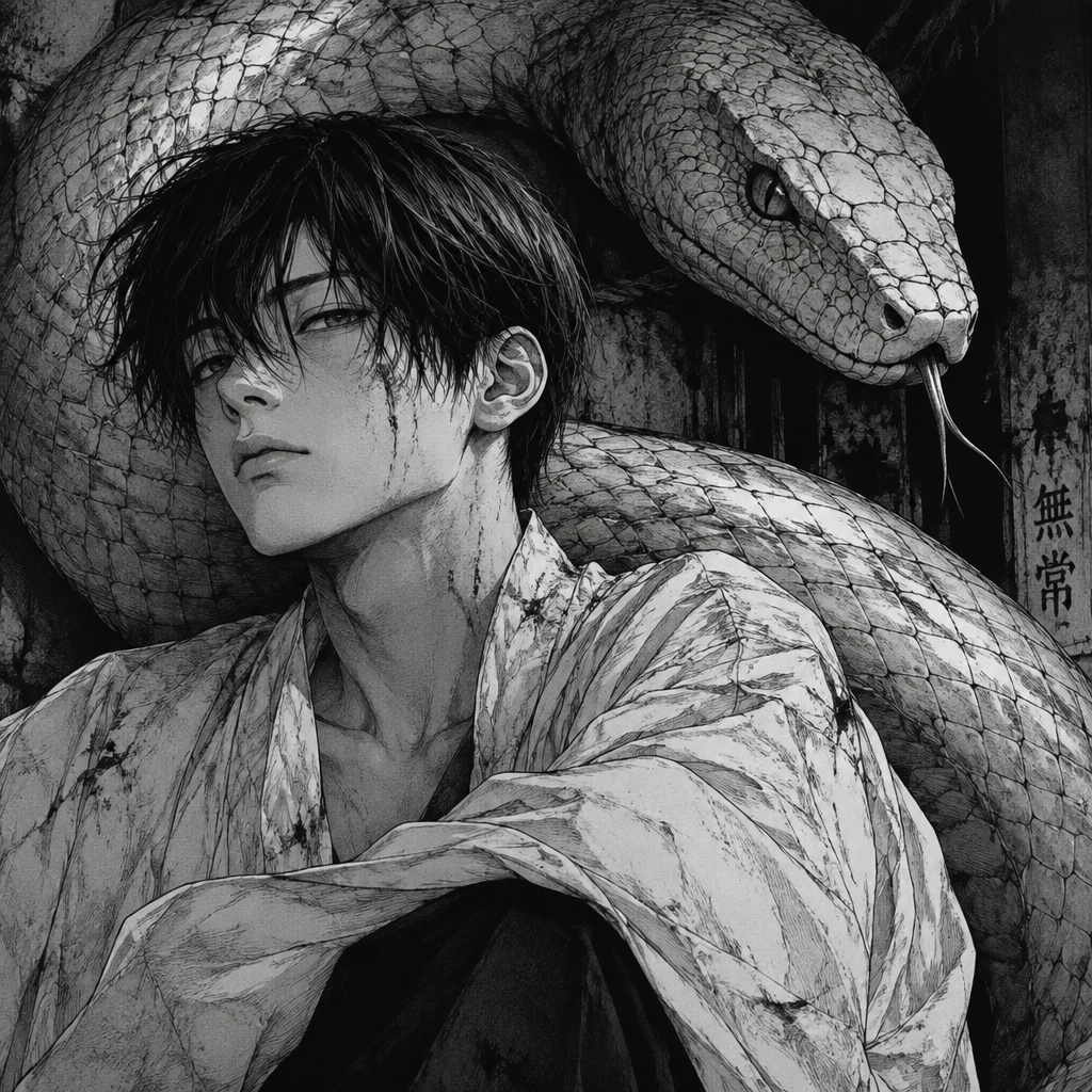 Boy white a snake behind him