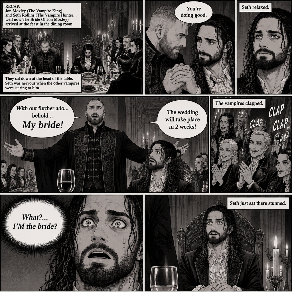 (Recap)Jon Moxley (The vampire king) and Seth Rollins (The vampire hunter…well now The bride Of Jon Moxley) arrived at the feast in the dining room,They sat down at the head of the table,Seth was nervous when the other vampires were staring at him,Jon gently held Seth’s hand and whispered that he was doing good,Seth relaxed,after an hour Jon stood up and dropped a bombshell,”With out further ado…behold…My bride!” Jon said while gesturing to Seth,Seth was shocked. (And now part 5). Seth couldn’t believe it. “What?…I’M the bride?” Seth said in his mind. “The wedding will take place in 2 weeks!” Jon announced. The vampires clapped. Seth just sat there stunned