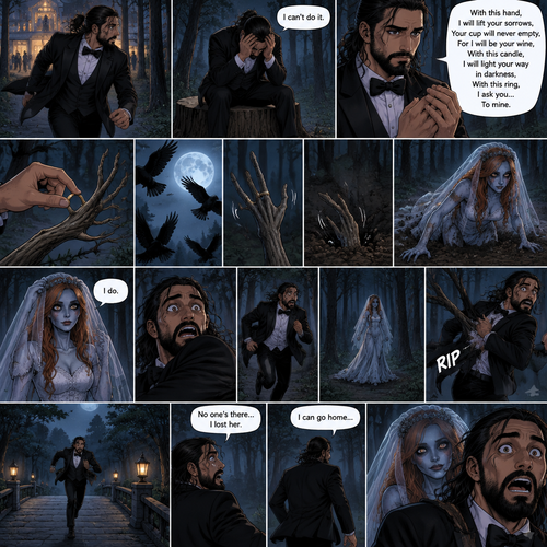 (Part 1 of the corpse bride,Seth x Becky style). Seth Rollins was walking in the woods alone at night after running away from a wedding rehearsal. After a while He sat at a tree stump,he puts his head in his hands. “I can’t do it” Seth said to himself. He took a deep breath. He began practicing his vows,”With this hand,I will lift your sorrows,Your cup will never empty,For I will be your wine,With this candle,I will light your way in darkness,With this ring,I ask you…To mine”. He puts the wedding ring on a tree branch that suspiciously looks like a ring finger. Then the crows flew by,Then….The branch the suspiciously looked like a hand…twitched. Then….The branch that suspiciously looks like a hand pulled itself underground. Seth got spoked when he saw that. Then…an undead woman in a wedding dress (Becky Lynch) crawled out from the ground. She stood up,Lifted her vail,Looked at Seth and said in a quiet voice “I do”. Seth got scared and ran further into the woods. The woman just slowly and calmly walked after him. While Seth was running his tuxedo jacket got caught in some branches and ripped. He kept running till he got to a bridge. He looked behind him…No one was there. He believed he lost her. He turned around to walk home…The undead bride was right there. Seth got spooked