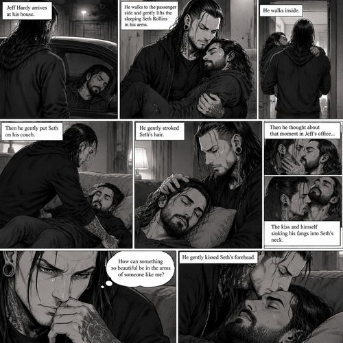 (Part 5 of the Vampire x human story) Jeff Hardy arrives at his house. He walks to the passenger side and gently lifts the sleeping Seth Rollins in his arms. He walks inside,Then he gently put Seth on his couch. He gently stroked Seth’s hair. Then he thought about that moment in Jeff’s office,The kiss and himself sinking his fangs into Seth’s neck. “How can something so beautiful be in the arms of someone like me?” Jeff asked himself. He gently kissed Seth’s forehead
