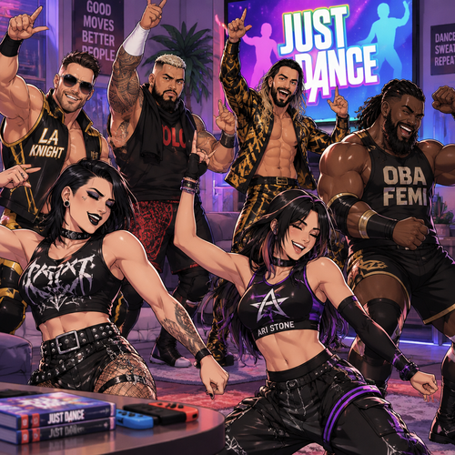 LA Knight,Solo Sikoa,Seth Rollins,Oba Femi,Rhea Ripley and Ari Stone (My wrestler oc) in Just dance