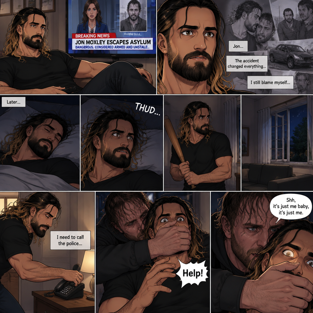 (Recap) Seth Rollins was at his house after a long day,A news report came on tv,The reporter said that Jon Moxley A.KA the Joker had escaped from the asylum that morning,Seth tensed up a bit,he and Jon used to date….then car accident happened witch messed up Jon’s mind,he started behaving erratically becoming the joker,he still loved Seth despite all that,then the cops came and took Jon away,Seth was devastated,he blamed himself ever since,he tried to move on but couldn’t. (And now part 2). Seth was asleep in his bed….then he was woken up by a noise coming from downstairs. He grabbed a bat and walked downstairs,when He got downstairs…he noticed…one of the windows in the living room was open. He got spooked. He ran to his home phone to call the police….but before he picked up the phone….someone grabbed him from behind. “Help!” Seth Yelled. The person covered Seth’s mouth. The person whispered In Seth’s ear “Shh,it’s just me baby,it’s just me”. Seth recognized that voice