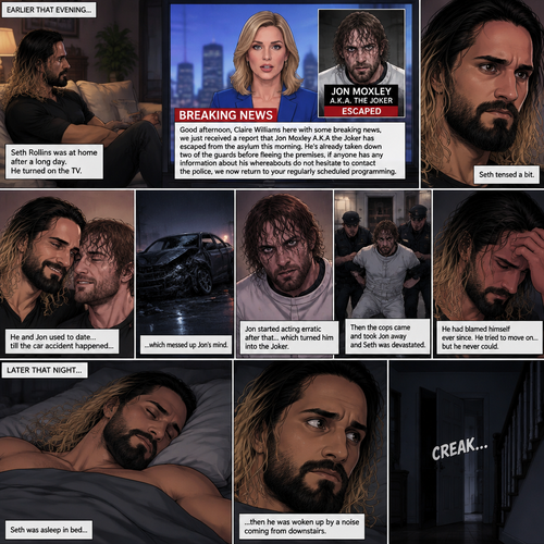(Recap). Seth Rollins was at home after a long day,He turned on the tv,A news report came on,“Good afternoon,Claire Williams here with some breaking news,we just received a report that Jon Moxley A.K.A the joker has escaped from the asylum this morning,He’s already taken down two of the guards before fleeing the premises,if anyone has any information about his whereabouts do not hesitate to contact the police,we now return to your regularly scheduled programming” said the reporter,The news report ends,Seth tensed a bit. He and Jon used to date….till the car accident happened…which messed up Jon’s mind,Jon started acting erratic after that…which turned him into the Joker,Despite all that he still loved Seth with all his heart,Then the cops came and Took Jon away and Seth was devastated,Seth had blamed himself ever since,He tried to move on….but he never could. (And now part 2). Seth was asleep in bed….then he was woken up by a noise coming from downstairs