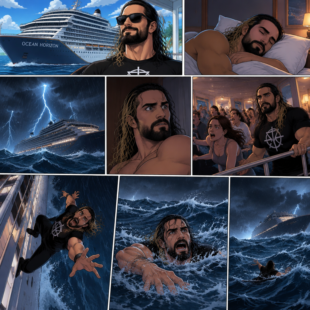 Seth Rollins is on a cruise ship,One night he was asleep,Then suddenly…thunder. He got up. The ship was rocking against the strong waves. Everyone was panicking,Then….Seth fell overboard. He swam as best as he could