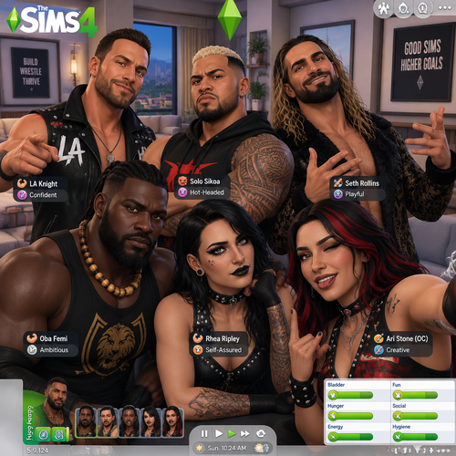 LA Knight,Solo Sikoa,Seth Rollins,Oba Femi,Rhea Ripley and Ari Stone (My wrestler oc) in The sims 4