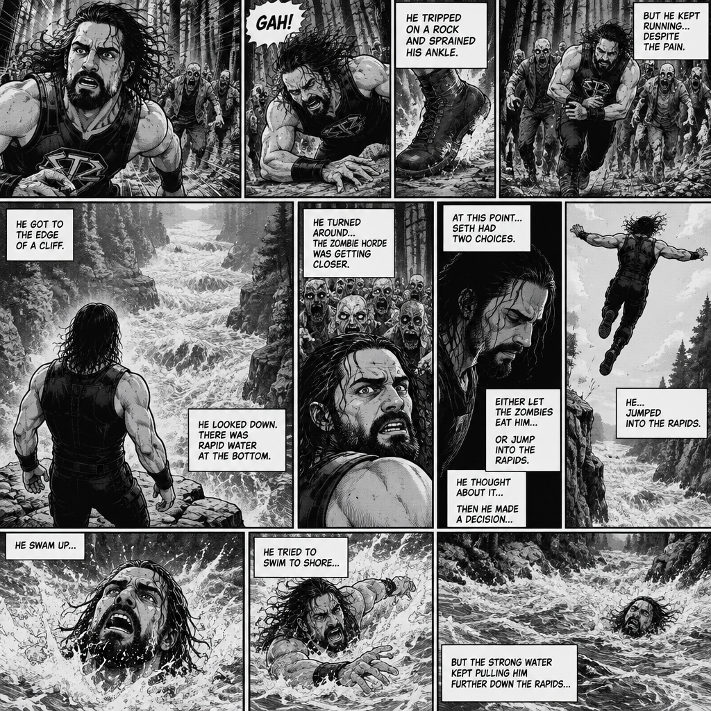 We’re in the woods during a zombie apocalypse,Someone was running…and that someone…is Seth Rollins. He was running from a zombie horde after being abandoned and left to die by his own group. He kept running….Till he tripped on a rock and sprained his ankle. The zombie horde was gaining on Seth,So he kept running despite the pain in his ankle. He was running and running….till he got to the edge of a cliff. He looks down,There was rapid water at the bottom. He turned around…the Zombie horde was getting closer. At this point…Seth had two choices,Either let the zombies eat him..or jump into the rapids. He thought about it….then he made a decision…he…Jumped into the rapids. He swam up,He tried to swim to shore but the strong water kept pulling him further down the rapids
