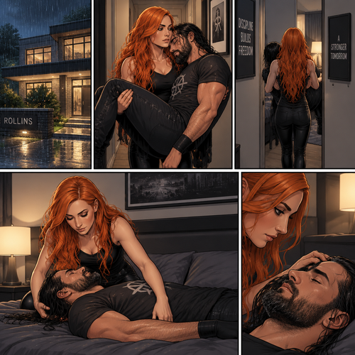 Part 3.Still is Seth Rollins’s house,Still raining outside,Becky Lynch was holding Seth Rollins in her arms,She walked to his bedroom while holding him.She gently put him down on the bed