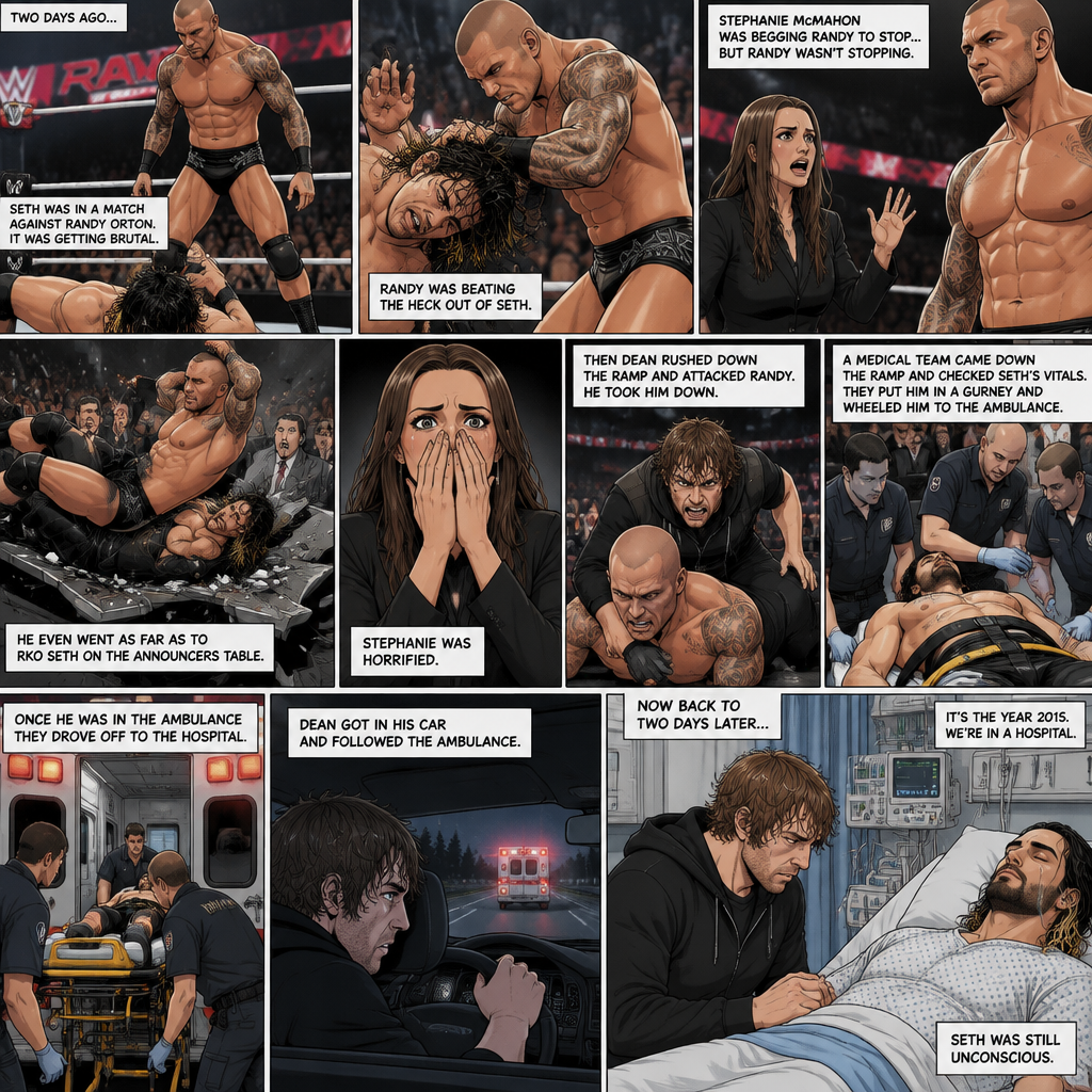 It’s the year 2015,We’re in a hospital. Seth Rollins was lying in a hospital bed unconscious. Dean Ambrose was sitting by his side and holding his hand. (What happened to Seth you ask? Well…let’s rewind to two days ago). Seth was in a match against Randy Orton. It was getting brutal. Randy was beating the heck out of Seth. Stephanie McMahon was begging Randy to stop…but Randy wasn’t stopping. He even went as far as to Rko Seth on the announcers table. Stephanie was horrified. Seth was out cold. Then Dean rushed down the ramp and attacked Randy. He took him down. A medical team came down the ramp and checked Seth’s vitals. They put him in a gurney and wheeled him to the ambulance. Once he was in the ambulance they drove off to the hospital. Dean got in his car and followed the ambulance. (Now back to two days later). Seth was still unconscious
