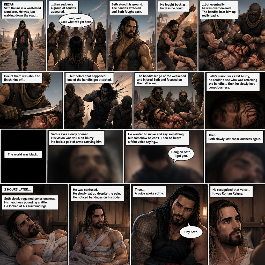 (Recap).Seth Rollins is a wasteland wonderer,He was just walking down the road,Then suddenly A group of bandits appeared,Seth stood his ground,Then the bandits attacked and Seth fought back,He fought back as hard as he could,but eventually he was overpowered,The bandits beat him up really badly,One of them was about to finish him off but before that happened One of the bandits got attacked,The bandits let go of the weakened and Injured Seth and focused on their attacker,Seth’s vision was a bit blurry,he couldn’t see who was attacking the bandits,then he slowly lost consciousness. (And now part 2). The world was black. Seth’s eyes slowly opened,His vision was still a bit blurry. He feels a pair of arms carrying him. He wanted to move and say something…but somehow he can’t. Then he heard a faint voice saying “Hang on Seth,I got you”. It sounded familiar to Seth. Then…Seth slowly lost consciousness again. 2 hours later,Seth slowly regained consciousness. His head was pounding a little. He looked at his surroundings. He was confused. He slowly sat up despite the pain. He noticed bandages on his body,Then….A voice spoke softly “Hey Seth”. He recognized that voice…it was Roman Reigns
