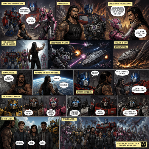 WWE Superstar Roman Reigns ends up on Cybertron as a child and ended up adopted by Optimus Prime and Elita-1.Years later Cybertron is falling apart,Elita-One stays behind while Roman,Optimus Prime and the other Autobots leave on the ark after an emotional goodbye.Then suddenly they get attacked by Megatron and the Decepticons.Then The Deceptions shoot the ark’s wing and Roman and Optimus and the other Autobots crash land on another planet.After A while Roman wake up and looks around and sees Optimus and the Autobots unconscious.Roman opens the Arks hatch and sees…That he’s on the one planet that he thought he would never return to…His home planet..Earth.Then Optimus wakes up.Roman explains to him that they’re on earth,Then bumblebee,Ratchet,Arcee,Jazz,Ironhide and wheel jack wakes up.Timeskip to 3 days later.They meet Three humans,Thier names are Jack,Miko and Raph.Timeskip to 2 years later.Roman and Optimus and the Autobots have been working along side Jack,Miko and Raph to protect earth from the Decepticons