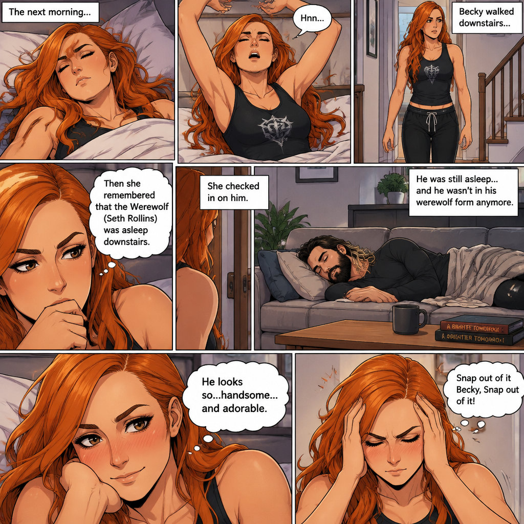 (Part 3 of the werewolf x human story) The next morning,Becky Lynch was asleep in her bed. Then she woke up. She got up and stretched her arms. She walked downstairs…then she remembered that the Werewolf (Seth Rollins) was asleep downstairs. She checked in on him. He was still asleep…and he wasn’t in his werewolf form anymore. She couldn’t help but look at him…and blush. “He looks so…handsome…and adorable” Becky said to herself. Then she shook her head. “Snap out of it Becky,Snap out of it” Becky said to herself