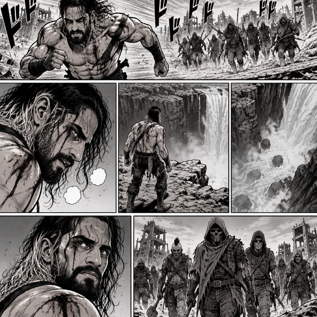 It’s a post apocalyptic world,Seth Rollins was on the run from bandits.He was badly injured but he kept running,running….then….He came across a cliff near a waterfall.The bandits were behind him,He slowly backed up till he was at the edge of the cliff.He looked at the bottom…and then he looked back at the bandits,They were slowly walking towards him