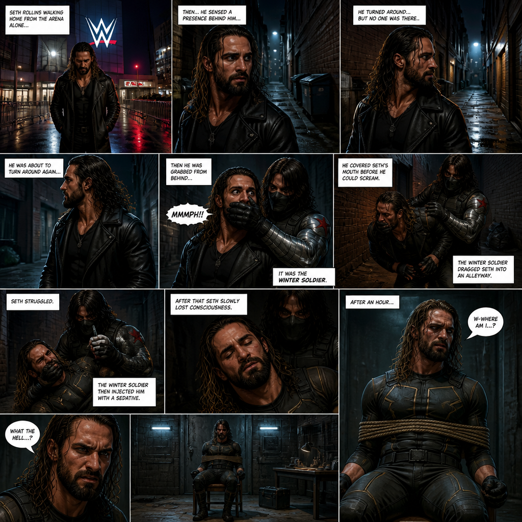 Seth Rollins walking home from the arena alone.Then…he sensed a presence behind him…He turned around…but no one was there.He was about to turn around again…Then he was grabbed from behind…It was the winter soldier.He covered Seth’s mouth with his hand before he could scream.The winter soldier Dragged Seth into an alleyway.Seth struggled.The winter soldier then injected him with a sedative,After that Seth slowly lost consciousness.After an hour Seth wakes up in some sort for room,He was tied to a chair