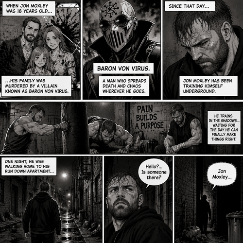Jon Moxley as a vigilante born from tragedy. When he was 18 years old his family was murdered by a villain known as Baron Von Virus. Since then he had been training himself underground. One night he was walking home to his run down apartment…then he heard a mysterious voice call out his name. “Hello?…Is someone there?” Jon asked. It called out his name again