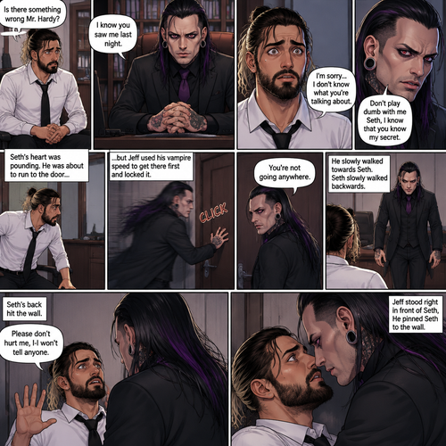 (Recap) Seth Rollins was working at an office building,last night,on his way home from the grocery store he heard a scream from an alleyway,He looked and saw a Vampire,He recognized the vampire…it was Jeff Hardy…his boss,Seth quietly ran home hoping Jeff didn’t see him,He had been thinking about that night all day,He was snapped out of his thoughts when someone tapped him on the shoulder,It was Jessica Jeff’s assistant,she told him that Jeff wanted to see him in his office,Dread washed over Seth’s face,He walked to Jeff’s office and knocked on the door’”Come in” said Jeff,Seth opened the door,”There he is,just the guy I wanted to see,shut the door behind you and take a seat” said Jeff,Seth closed behind him and took a seat. (And now part 2). “Is there something wrong Mr.Hardy?” Seth asked nervously. Jeff looked at Seth with a serious expression. “I know you saw me last night” said Jeff. Seth had a fearful expression on his face but tried to keep it cool. “I’m sorry…I don’t know what you’re talking about” said Seth. “Don’t play dumb with me Seth,I know that you know my secret” said Jeff. Seth’s heart was pounding. He was about to run to the door,but Jeff used his vampire speed to get there first and locked it. “You’re not going anywhere” Said Jeff. He slowly walked towards Seth. Seth slowly walked backwards. “Please don’t hurt me,I-I won’t tell anyone” Seth said. His back hit the wall. Jeff stood right in front of Seth,He pinned Seth to the wall. (End of part 2)