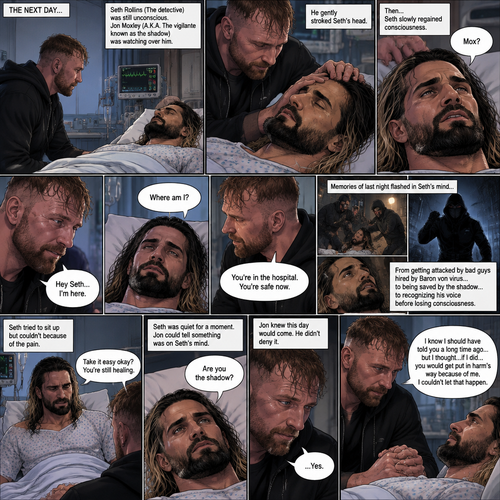 (Part 2 of the Vigilante x detective story). The next day,Seth Rollins (The detective) was still unconscious. Jon Moxley (A.K.A The vigilante known as the shadow) was watching over him. He gently stroked Seth’s head. Then…Seth slowly regained consciousness. He spoke weakly “Mox?”. “Hey Seth…I’m here” Jon said Softly. Seth was silent for a bit before he spoke weakly “Where am I?”. “You’re in the hospital,You’re safe now” Jon said softly. Memories of last night flashed in Seth’s mind,From getting attacked by Bad guys hired By Baron von virus to being saved by the shadow to recognizing his voice before losing consciousness. Seth tried to sit up but couldn’t because of the pain. “Take it easy okay?,You’re still healing” Jon said softly. Seth was quiet for a moment. Jon could tell something was on Seth’s mind. Then…Seth asked Jon the one question that he thought in his mind “Are you the shadow?”. Jon knew this day would come. He didn’t deny it. “…Yes” Jon said softly. Seth was quiet for a moment again. Jon gently took Seth’s hand as he spoke “I know I should have told you a long time ago…but I thought…if I did…you would get put in harm’s way because of me,I couldn’t let that happen”